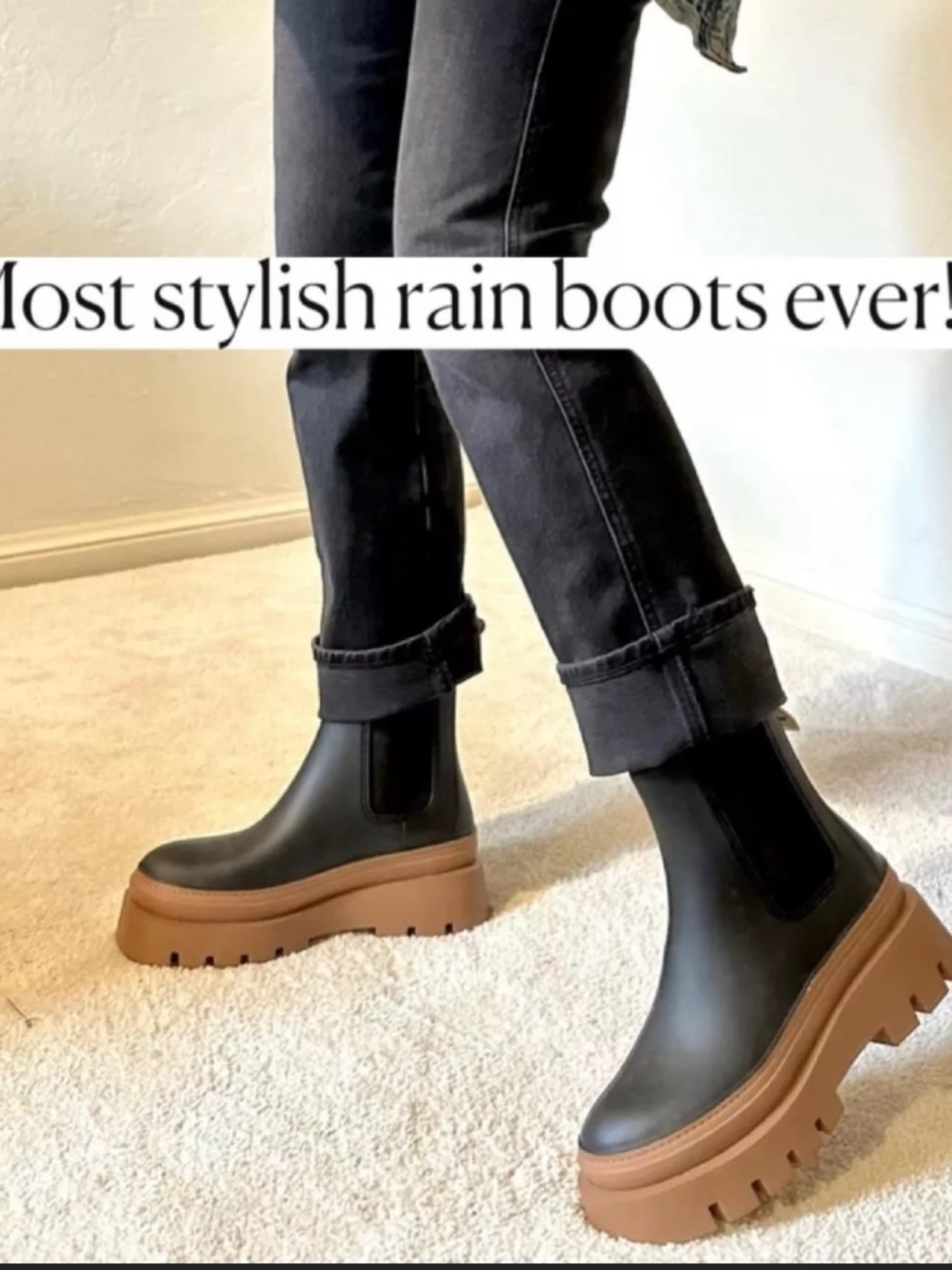 Jeffrey Campbell Black Chelsea Rain Boots with Brown Platform Soles